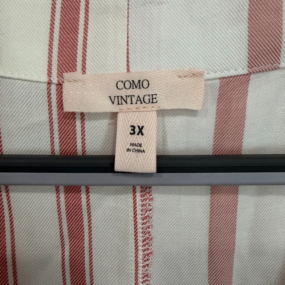 COMO VINTAGE 3X. Button-Front V-Neck Striped Tie-Hem Women's Top - Pink/White - Picture 3 of 4